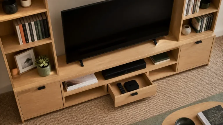 Meuble bibliothèque TV : 140 cm, écran 55 pouces, rangements fermés et fixation murale Meuble bibliothèque TV 140 cm avec écran 55 pouces, rangement fermé et fixation murale