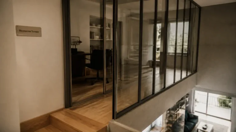 Mezzanine fermée : 5 solutions pour transformer votre espace en pièce à vivre Mezzanine fermée surplombant un salon, verrière atelier