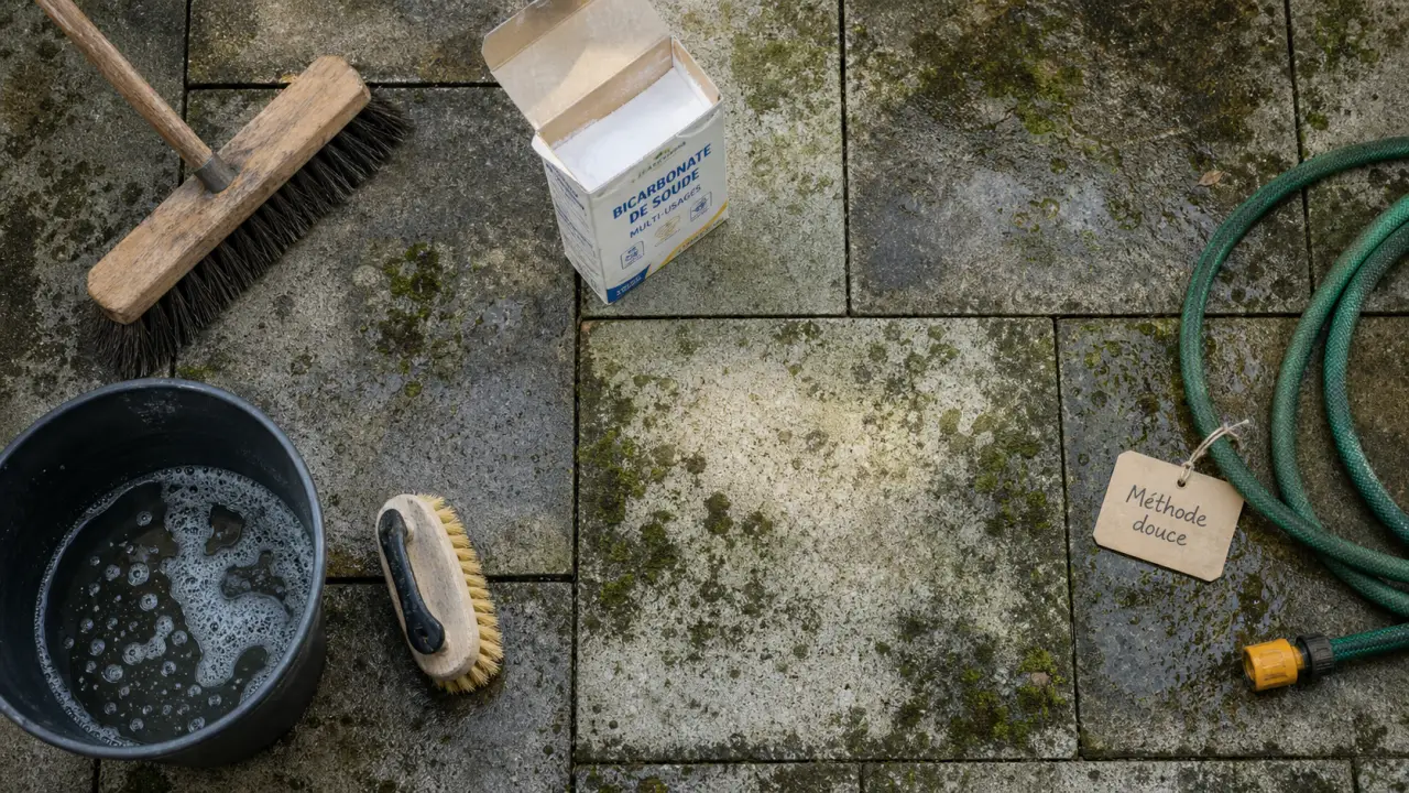 Nettoyer dalles terrasse sans abîmer : brosse, savon noir et bicarbonate