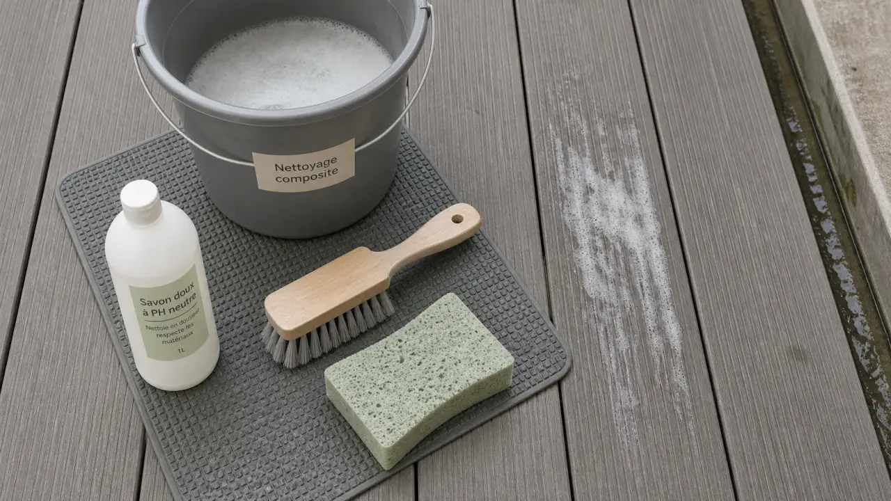 Nettoyer terrasse en composite avec eau savonneuse, brosse et dépôts verts