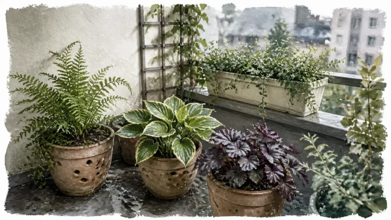 Balcon nord : quelles plantes choisir, comment l’éclairer et les entretenir sans soleil direct ? Plante balcon nord : fougères et hostas sur un balcon nord