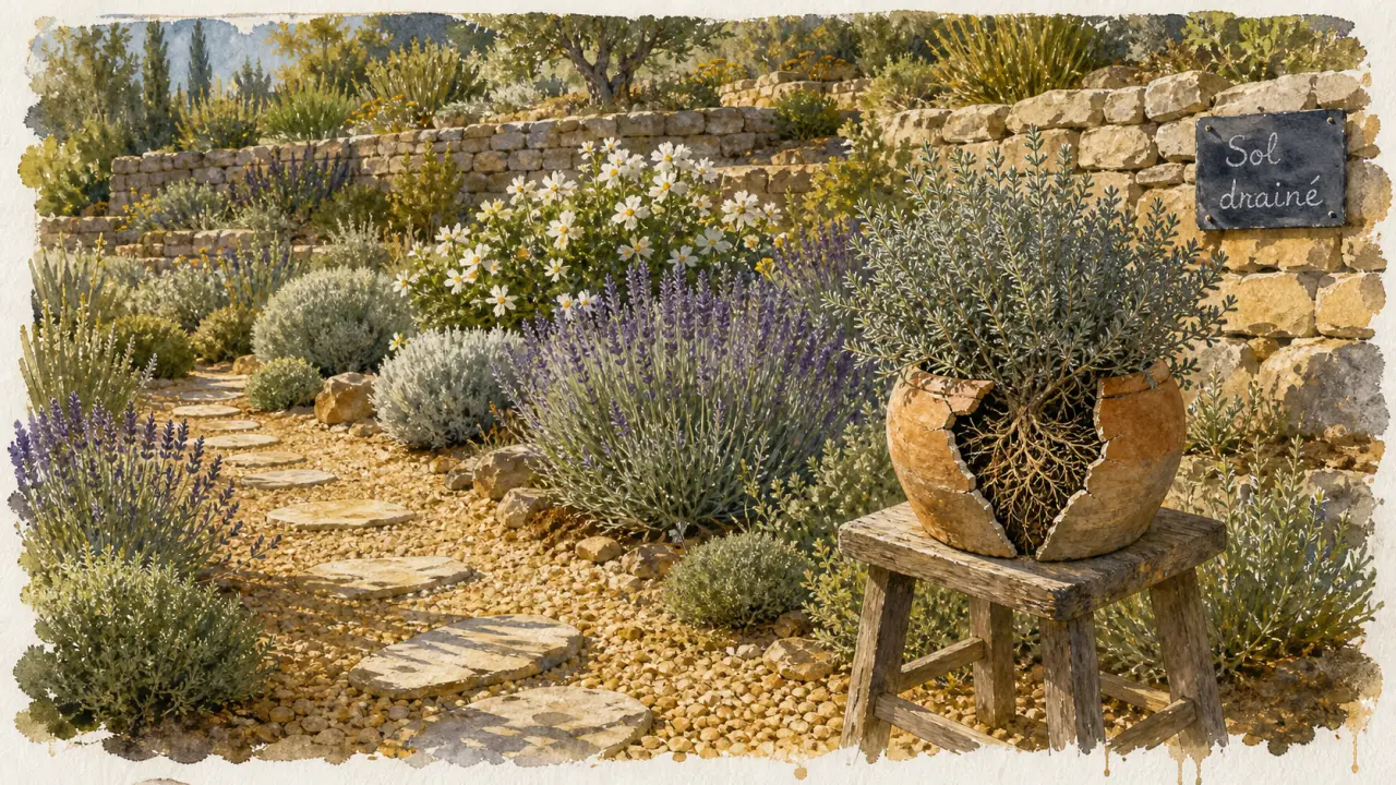 Plantes méditerranéennes sans arrosage pour jardin sec en plein soleil, paillage pouzzolane et thym
