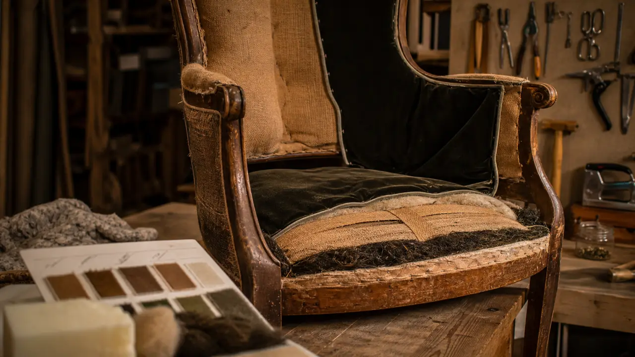 Rénovation fauteuil Voltaire : garnissage crin et tissu neuf