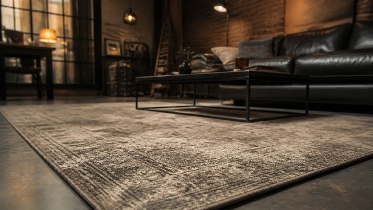 Tapis style industriel beige-gris en loft industriel, poils courts