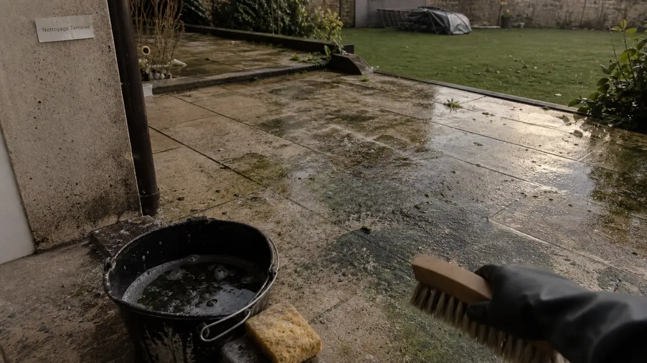 Terrasse nettoyage au savon noir, brosse et pression douce sur dalles