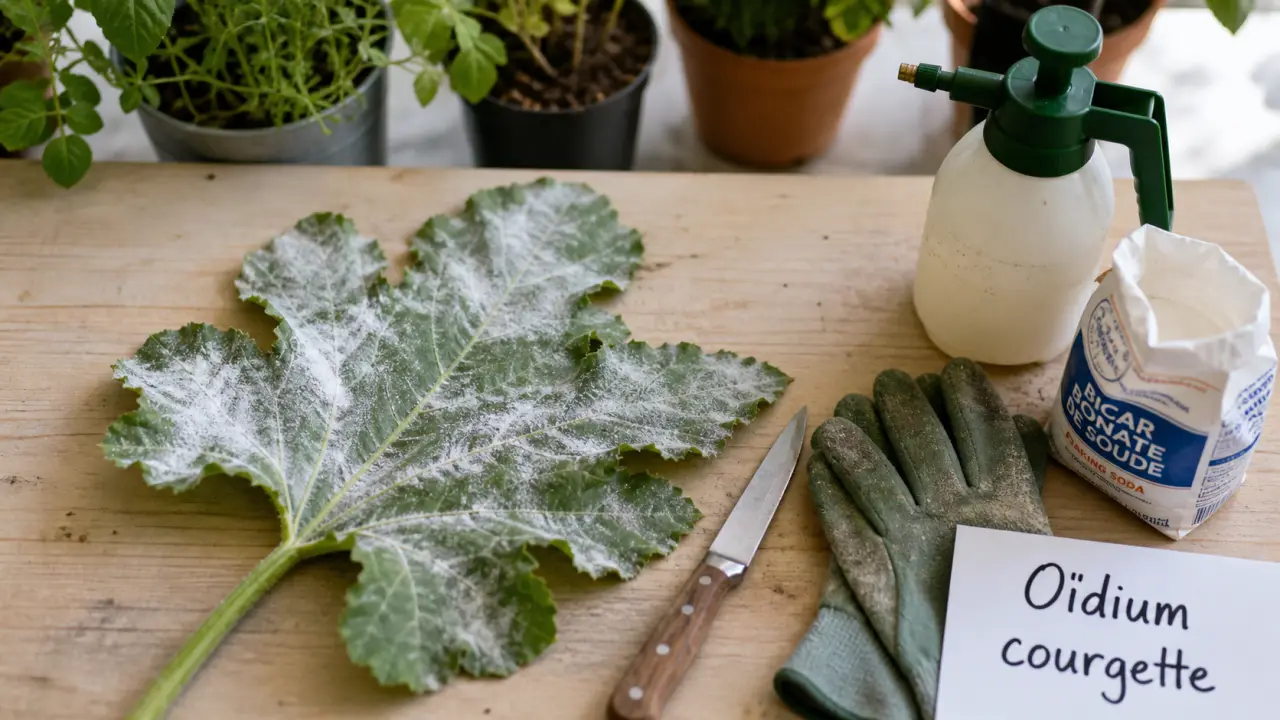 Traitement oidium courgette : feutrage blanc sur feuille de courgette