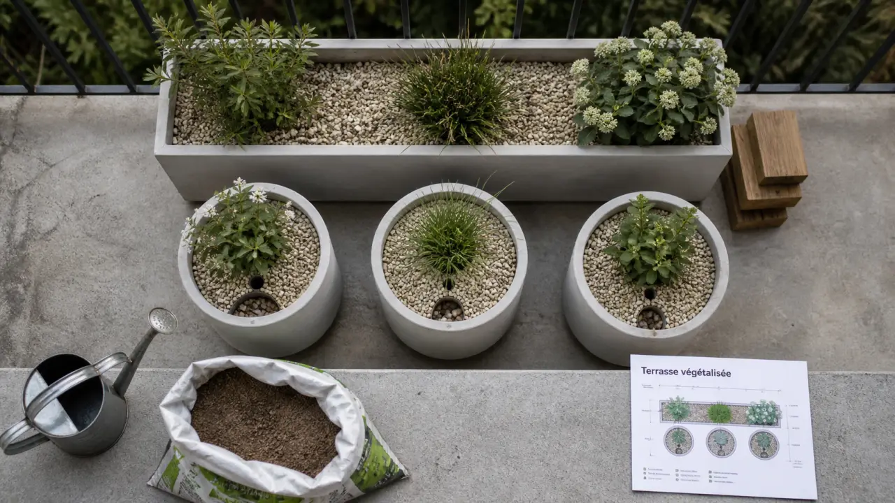 Vegetaliser une terrasse : bacs de plantation avec drainage et substrat