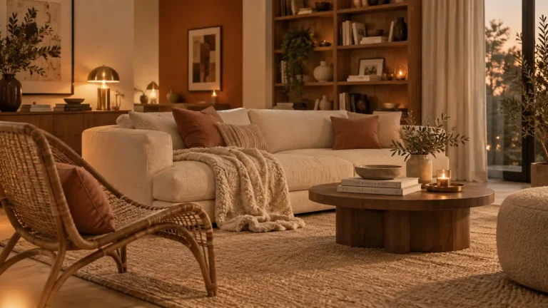 Couleurs chaudes pour salon : canapé crème et accents terracotta