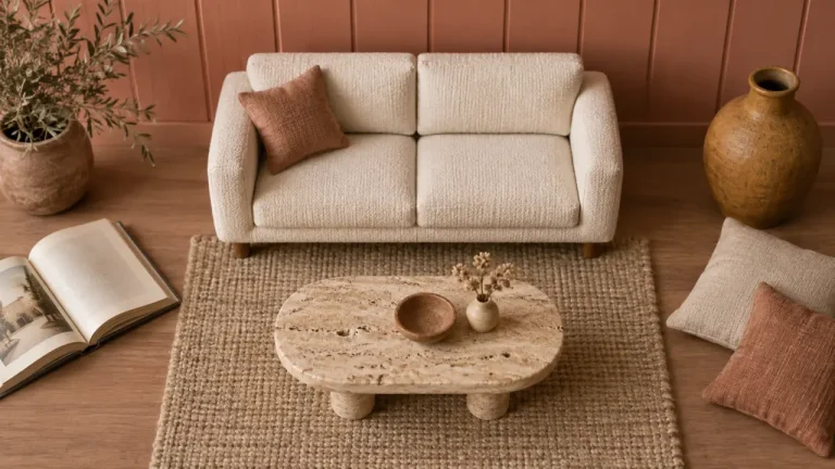 Pourquoi le total look terracotta assombrit le salon, et comment l’éviter Décoration terracotta salon : canapé écru, tapis sable, mur terracotta