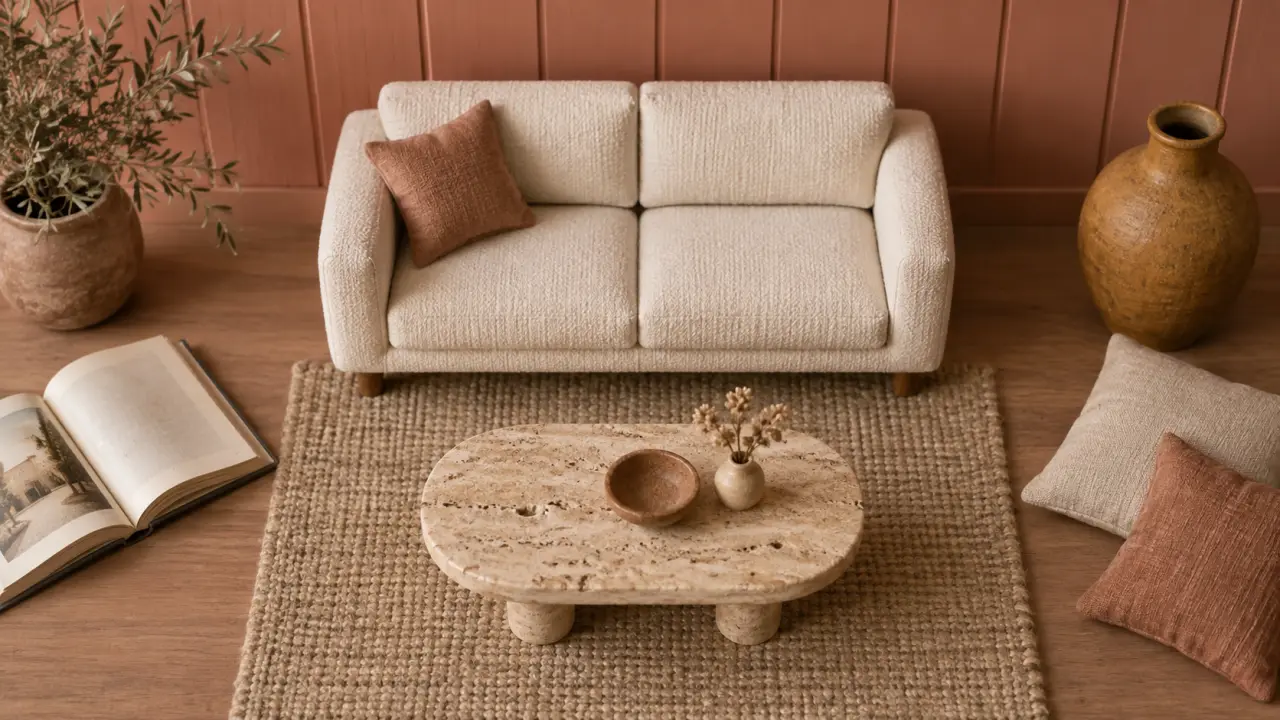 Décoration terracotta salon : canapé écru, tapis sable, mur terracotta
