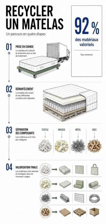 Infographie sur le recyc matelas, le démantèlement et les 92 % de matériaux valorisés