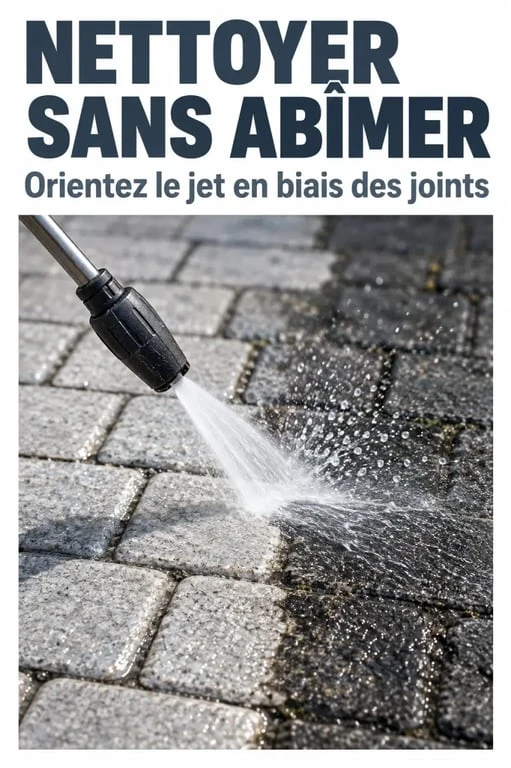 Nettoyeur haute pression utilisé pour décrasser des pavés autobloquants noircis