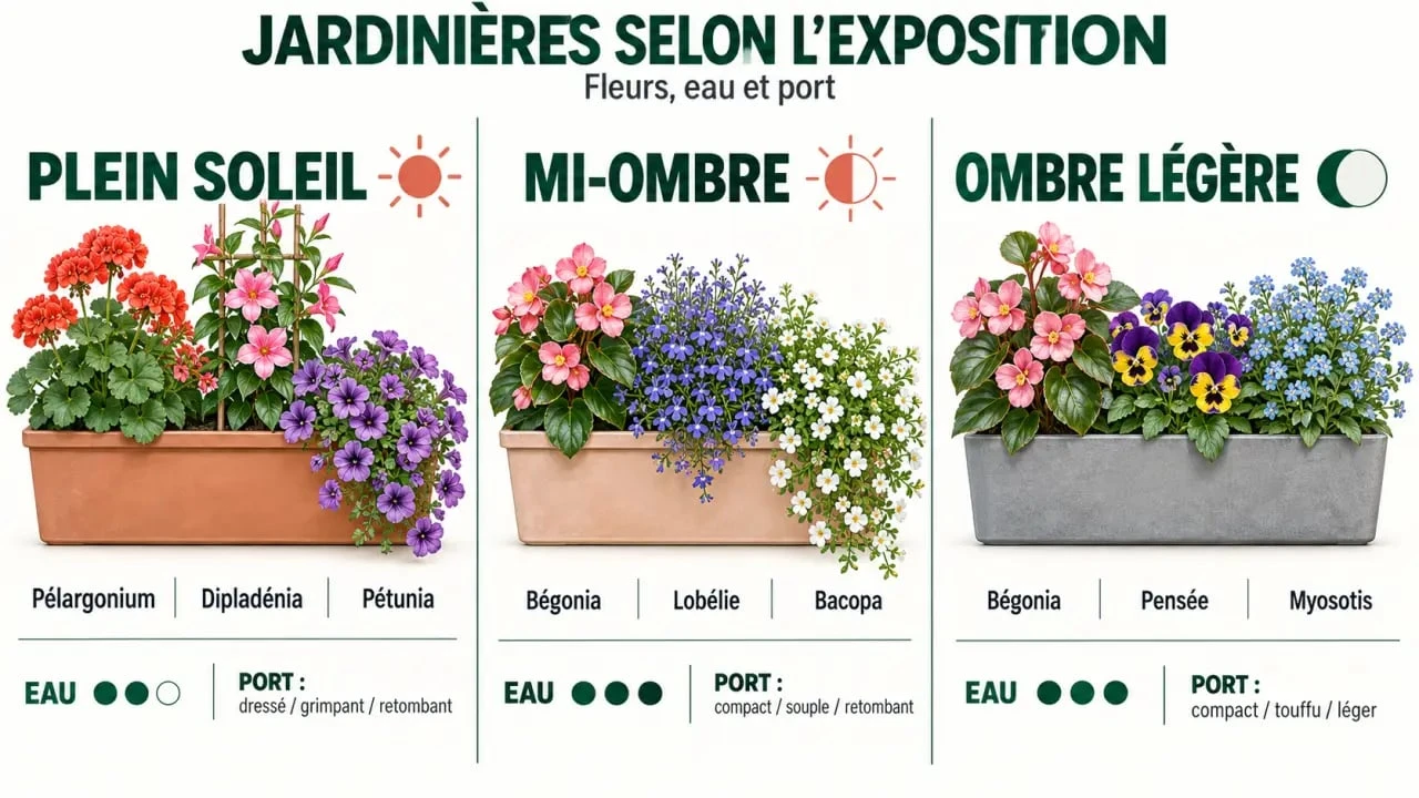 Fleurs pour jardinière selon l’exposition : plein soleil, mi-ombre et ombre légère
