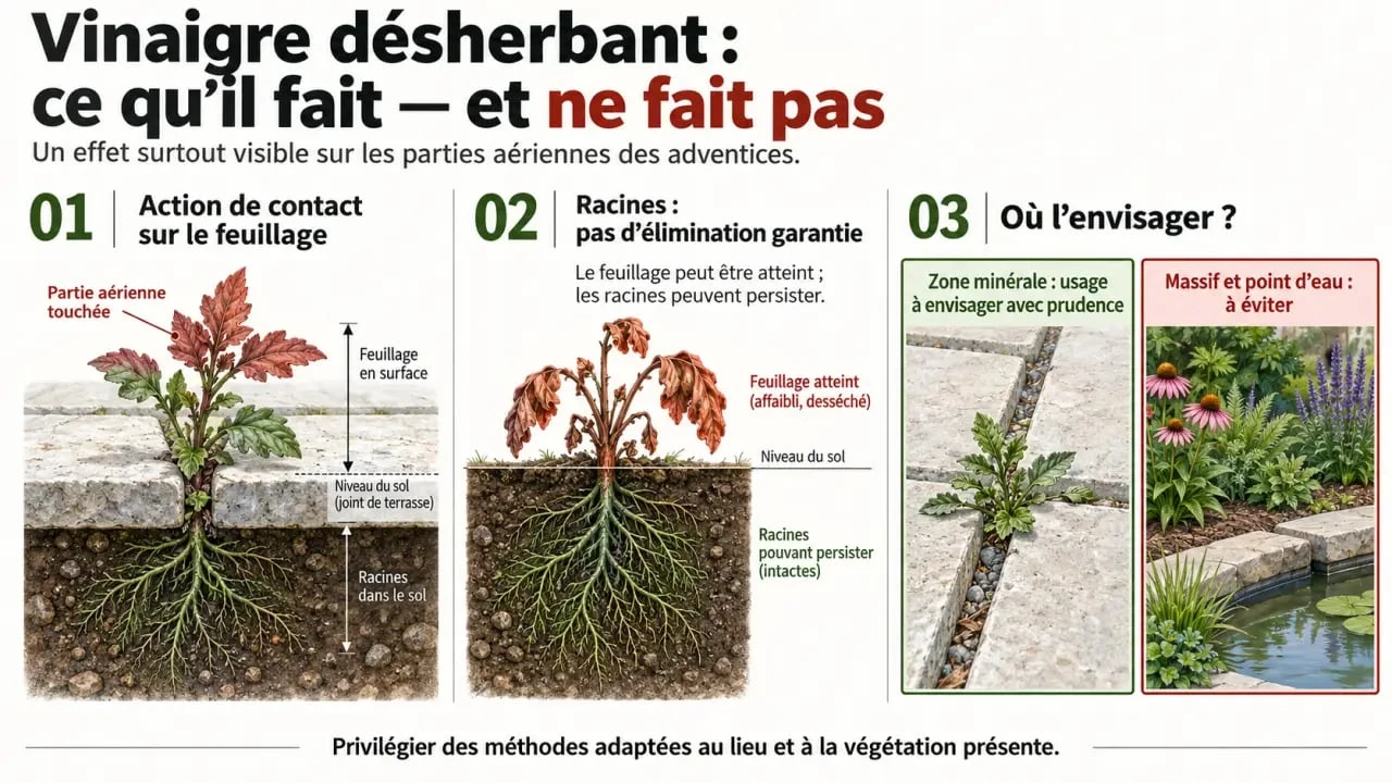 Vinaigre desherbant : mécanisme d’action, zones adaptées et précautions d’usage