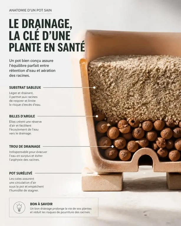 Drainage et substrat pour pot de plantes sans arrosage sur balcon