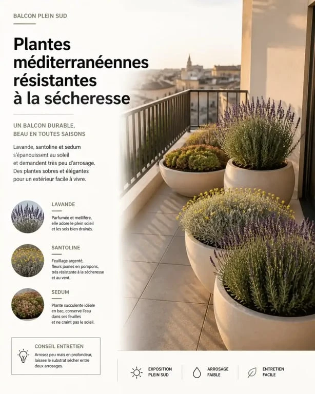Plantes plein soleil sans arrosage balcon en pots sur jardinière exposée sud