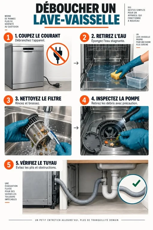 Illustration des étapes pour comment déboucher un lave-vaisselle, du nettoyage du filtre au contrôle du tuyau