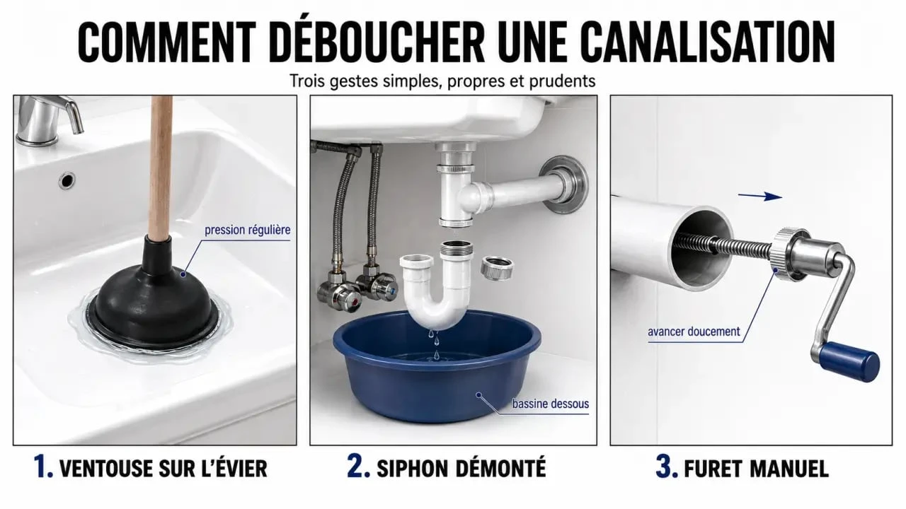 Comment déboucher canalisation : ventouse, siphon et furet montrés dans une composition pédagogique