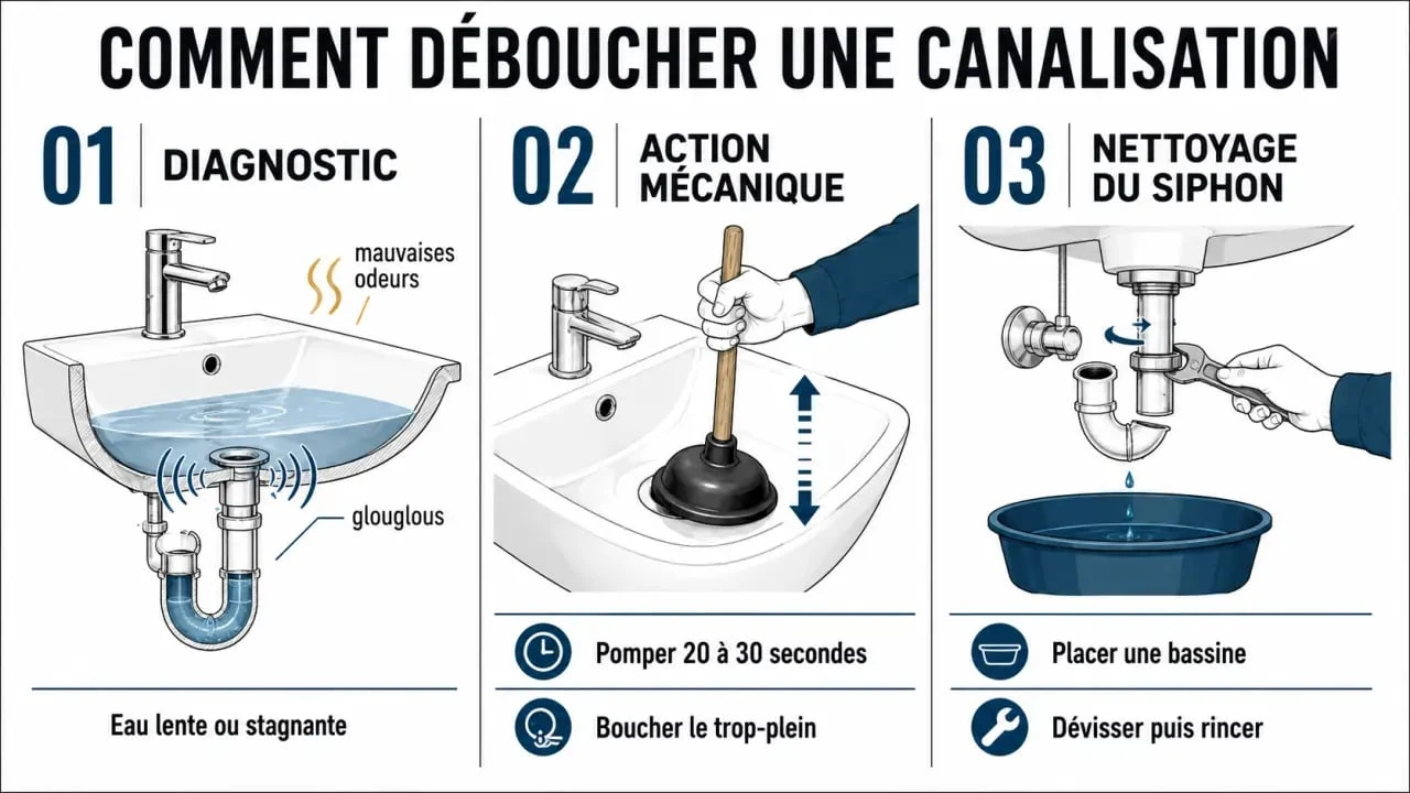 Comment déboucher canalisation : schéma séquentiel du diagnostic et des premiers gestes à faire soi-même