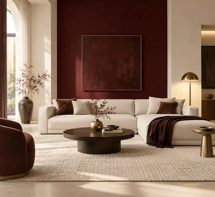 Couleurs chaudes pour salon avec bordeaux, brun chocolat et éclairage chaleureux