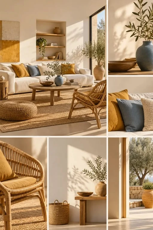 Couleurs chaudes pour salon avec palette solaire ivoire, ocre, moutarde et rotin