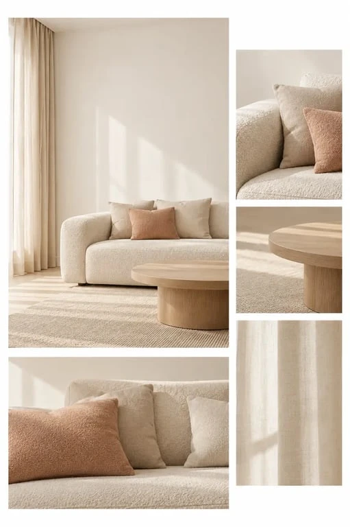 Couleurs chaudes pour salon dans une ambiance claire et cocooning avec beige, crème et terracotta