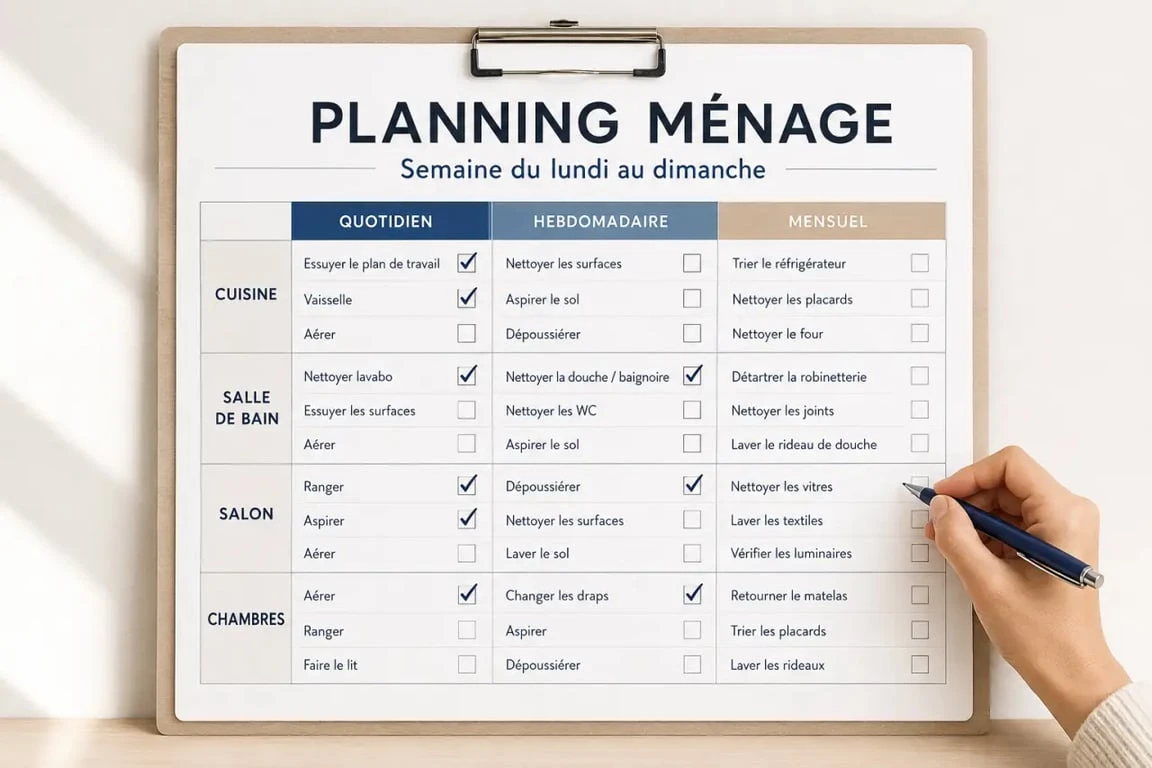Planning menage hebdomadaire par fréquence et par pièce dans un intérieur lumineux