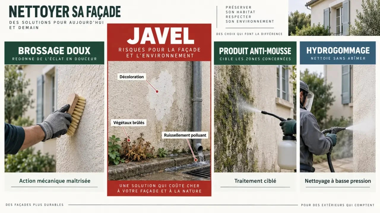 Nettoyage de façade à la javel et alternatives selon le support