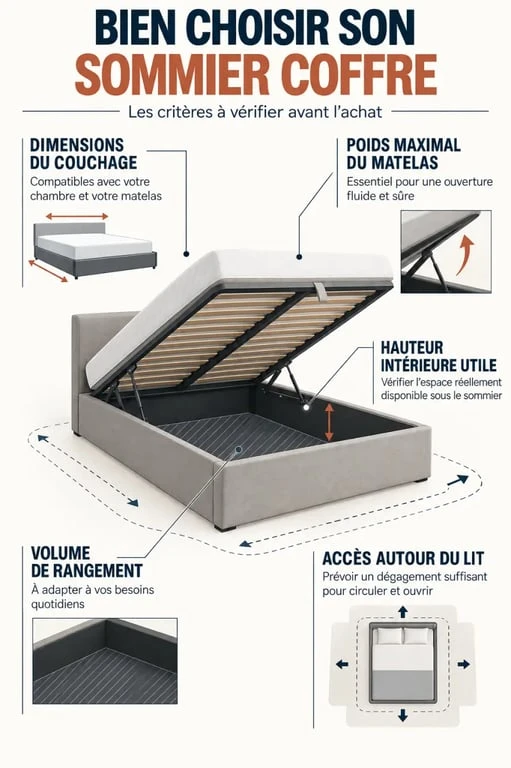Infographie des critères pour choisir un sommier coffre et estimer son volume de rangement
