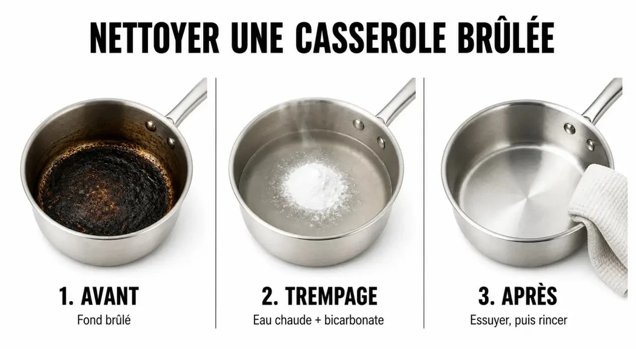 Comment nettoyer une casserole brulée en trois étapes avec bicarbonate et eau chaude