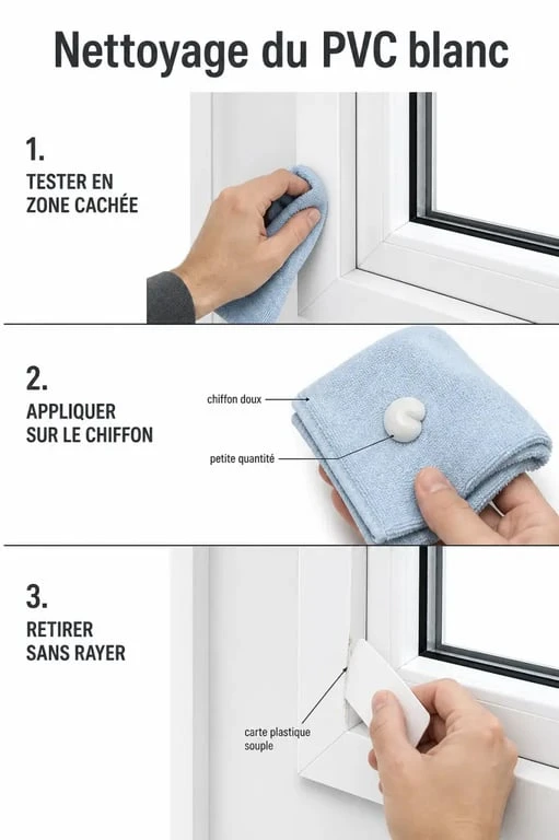 Enlever colle sur PVC fenêtre avec chiffon doux, carte plastique et test sur zone cachée