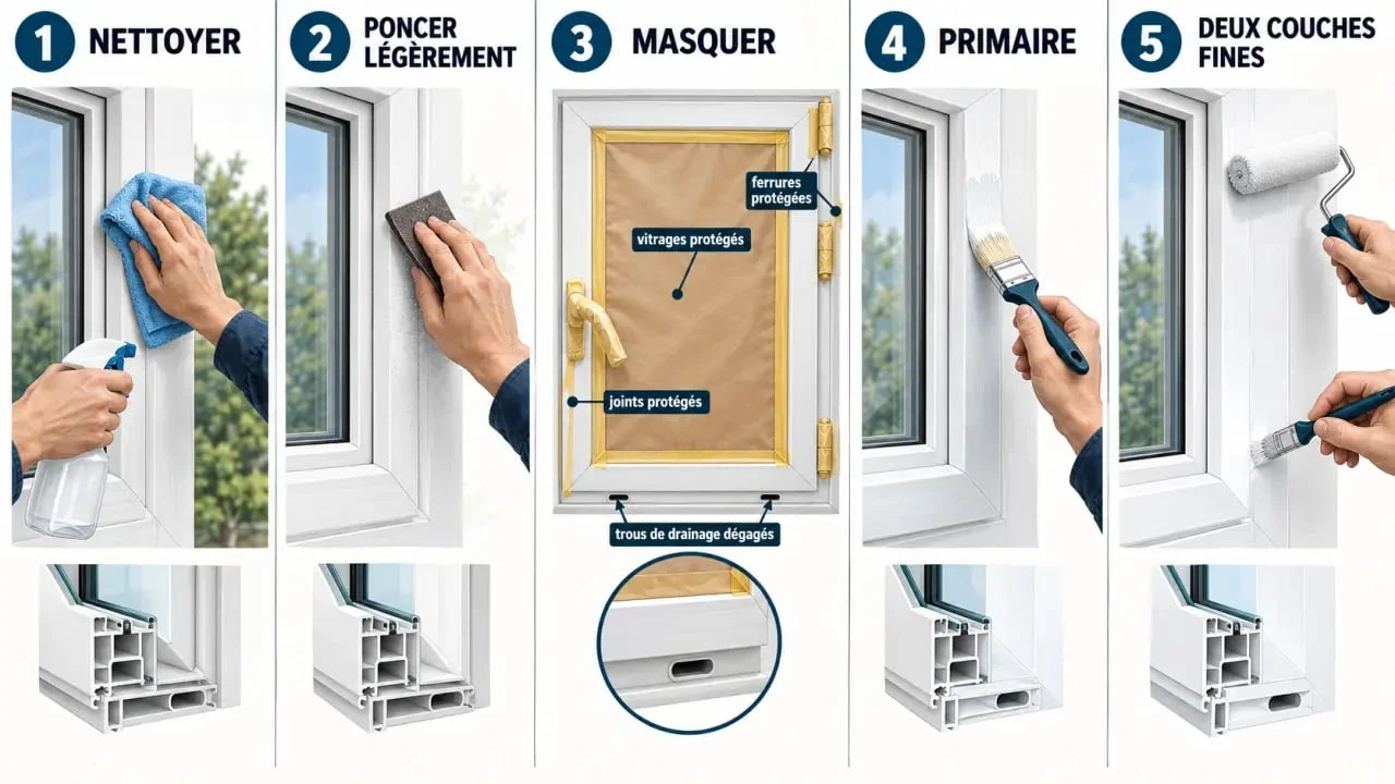 Étapes pour peindre une fenêtre PVC avec préparation, primaire et couches de finition