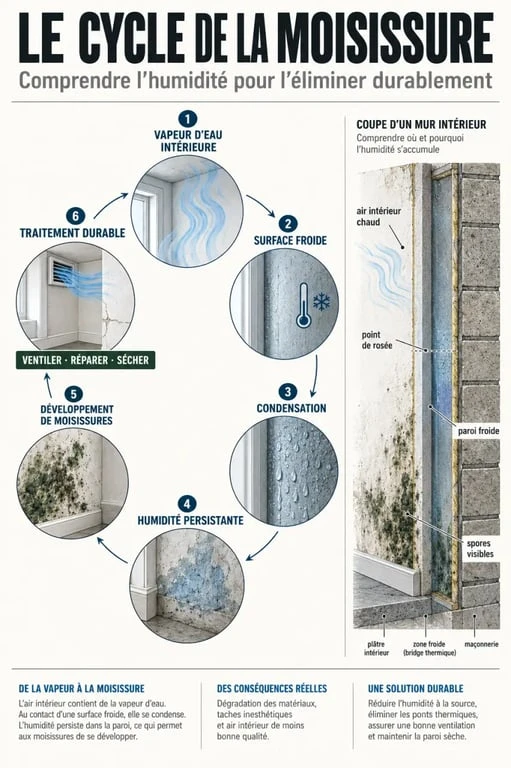 Infographie sur le cycle de la moisissure sur un mur, de l’humidité au traitement