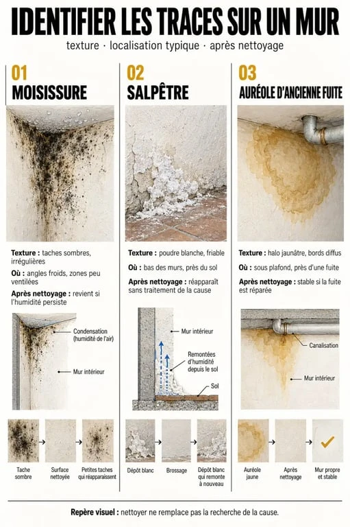 Moisissure sur un mur comparée au salpêtre et à une auréole de fuite