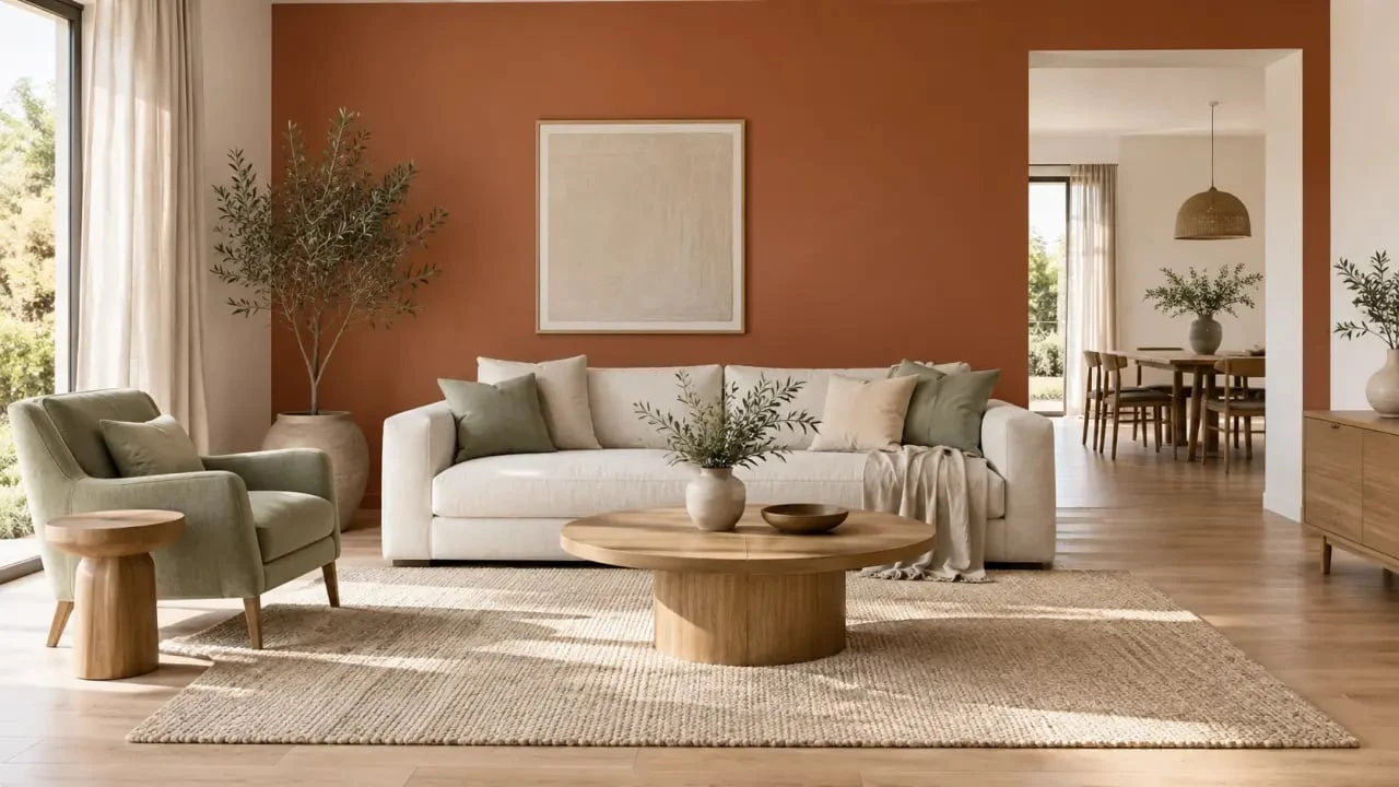 Décoration terracotta salon avec mur coloré, canapé écru et matières naturelles