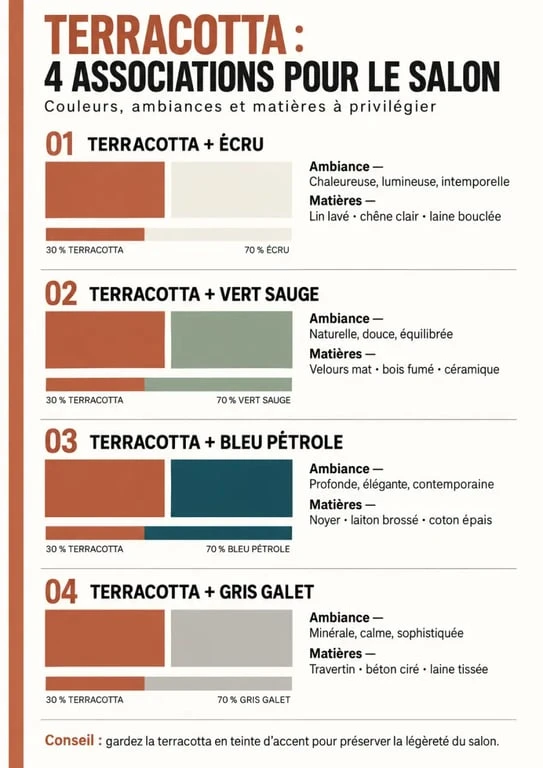 Palette de décoration terracotta salon avec associations de couleurs et matières