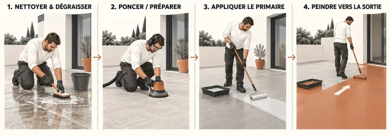 Étapes pour peindre une terrasse : nettoyage, ponçage, primaire et application de la peinture