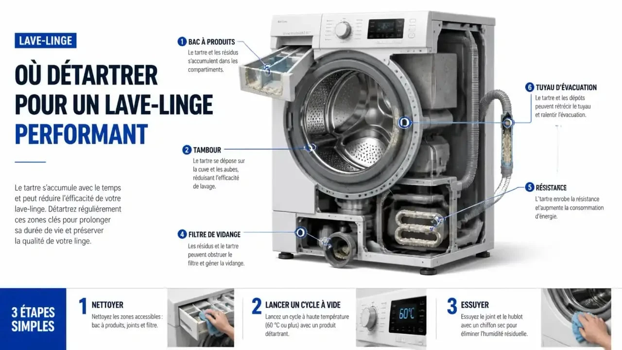 Détartrer machine à laver : schéma des zones à nettoyer dans un lave-linge
