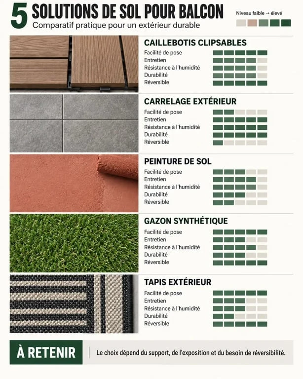 Solutions de sol pour une décoration balcon extérieur : caillebotis, carrelage, peinture, gazon et tapis