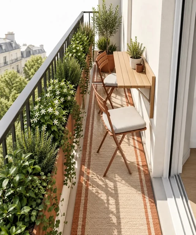 Idée de décoration balcon extérieur étroit avec table rabattable, plantes et tapis