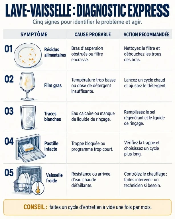 Diagnostic visuel d’un lave-vaisselle qui lave mal selon les symptômes