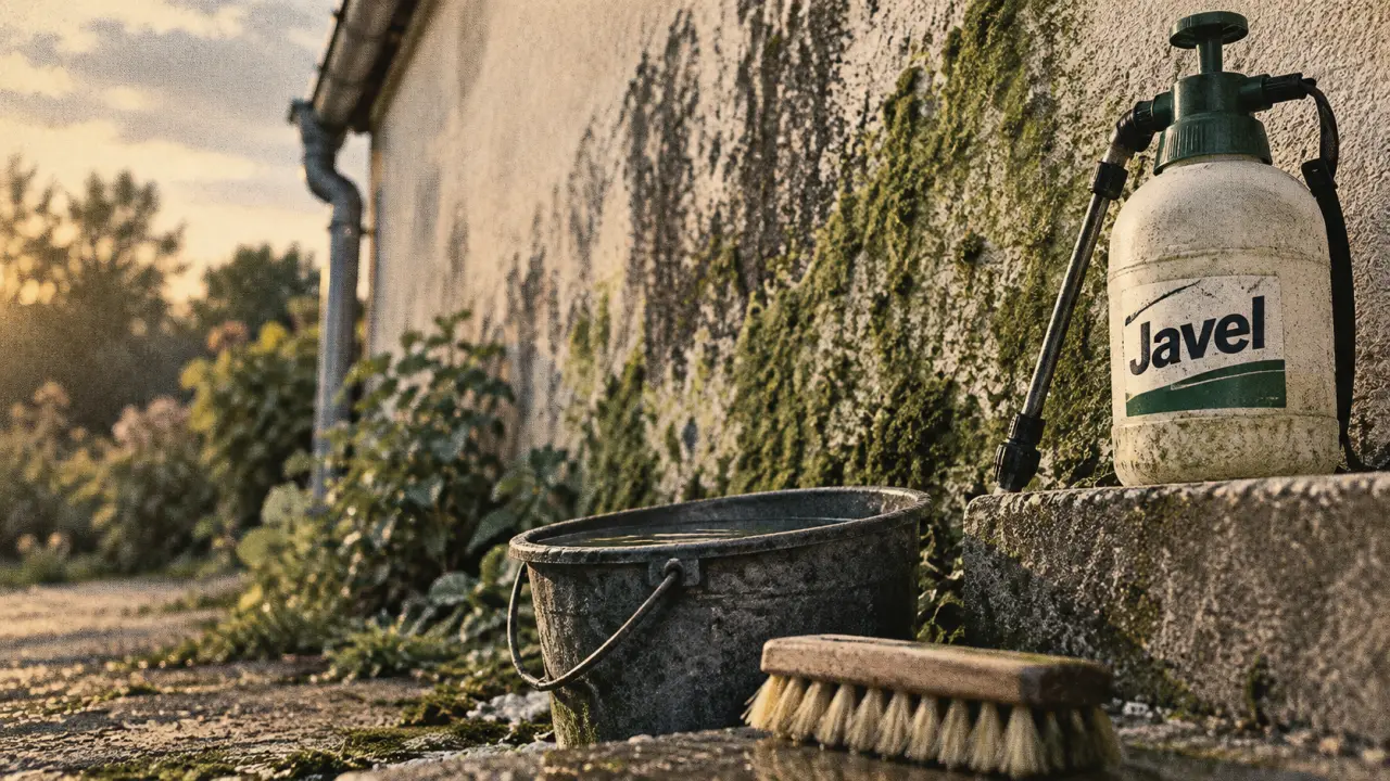 Javel nettoyage facade : mur enduit taché, brosse et seau