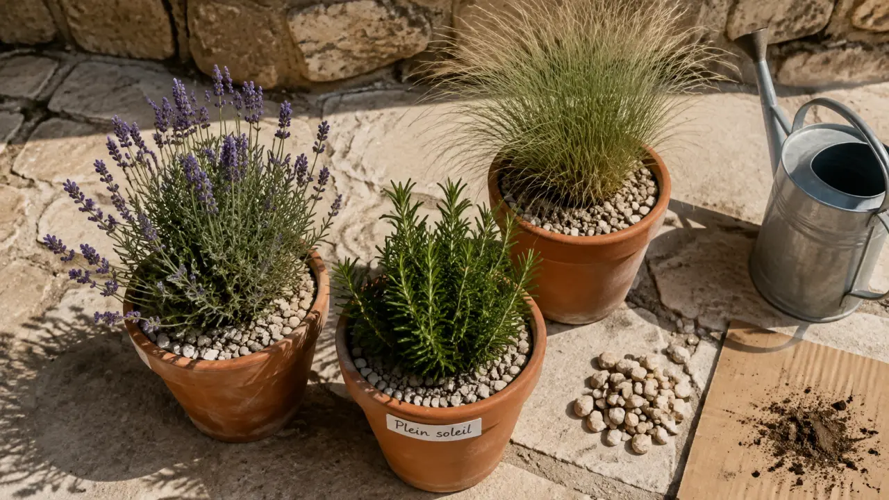 Plante terrasse ensoleillée : lavande et romarin en pots, plein soleil