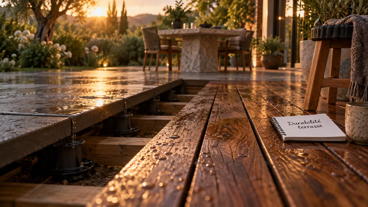 Revêtement terrasse extérieure : bois et dalles sur plots, gouttes après pluie