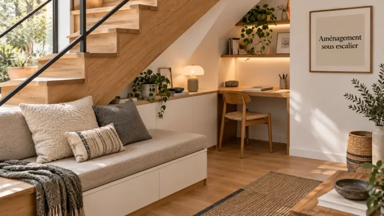 Aménagement sous escalier ouvert : gagner du rangement sans alourdir la pièce Aménagement sous escalier ouvert : rangement sous pente avec banquette et caissons bas