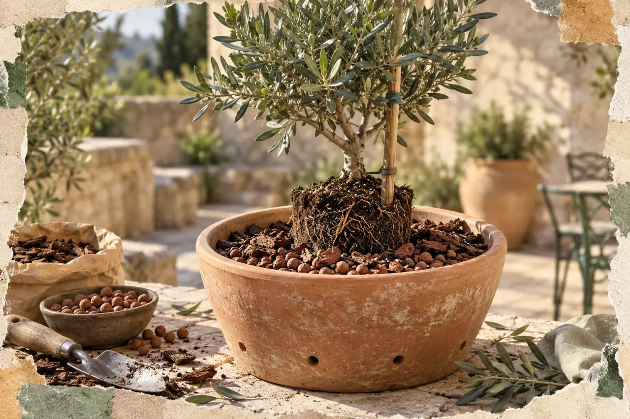 Arbre terrasse pot : olivier nain en bac terre cuite sur terrasse