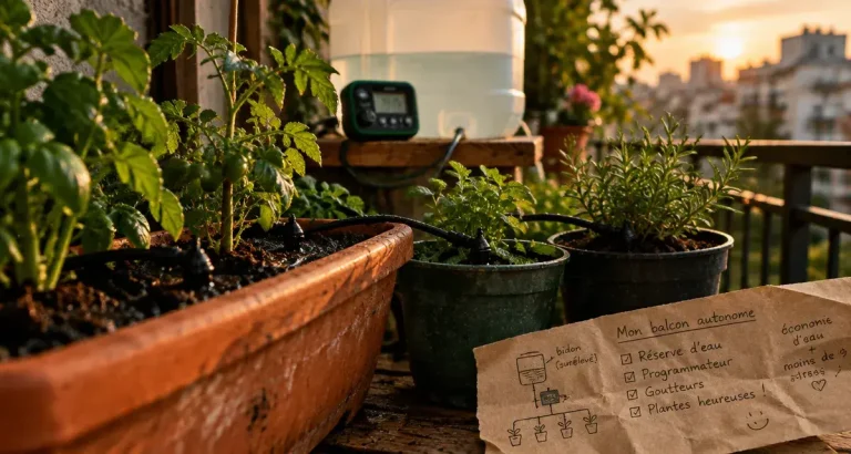 Arrosage automatique sur balcon : choisissez le bon débit selon vos plantes et votre absence Arrosage automatique balcon : tuyau goutte-à-goutte près des plantes