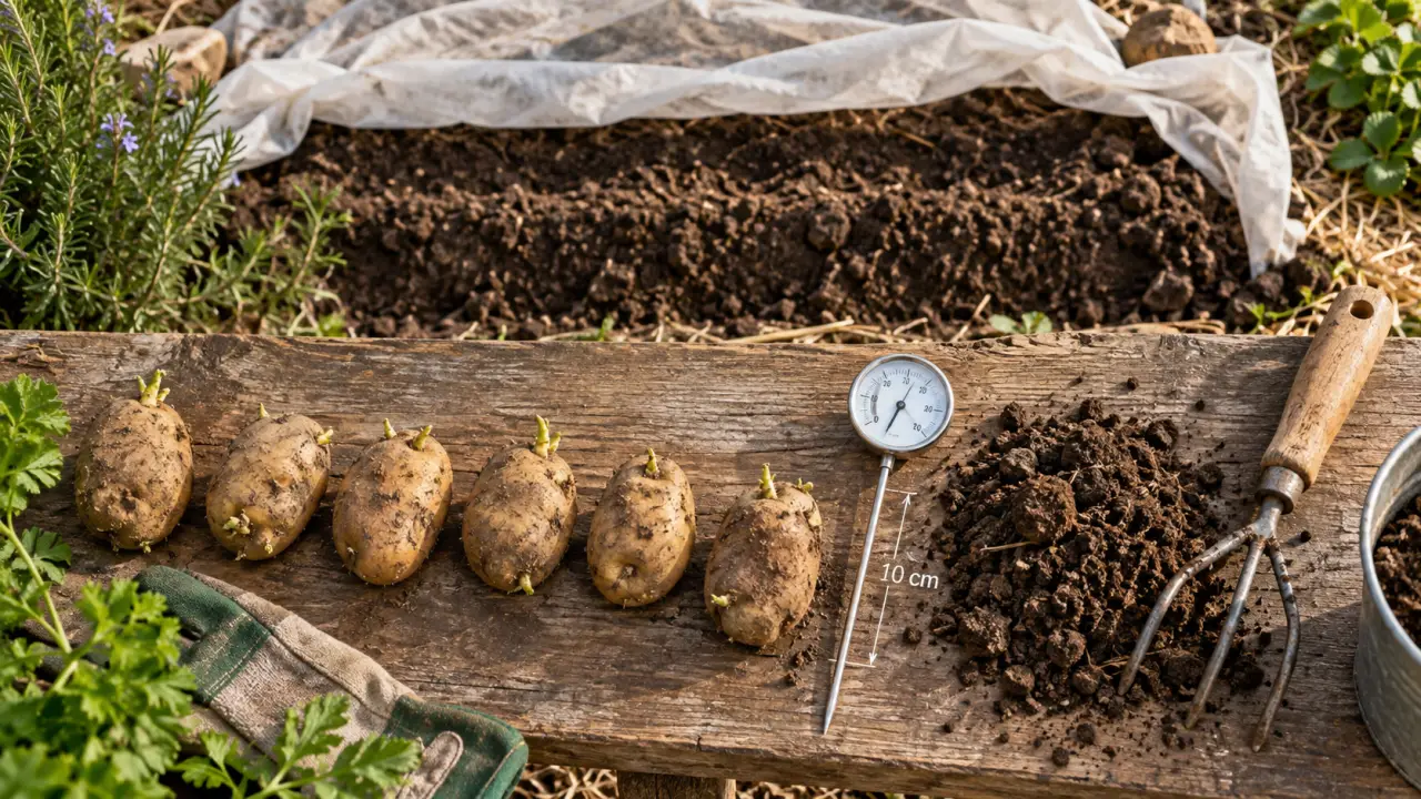 Calendrier plantation pomme de terre 2026 : tubercules prégermés et thermomètre du sol à 10 cm