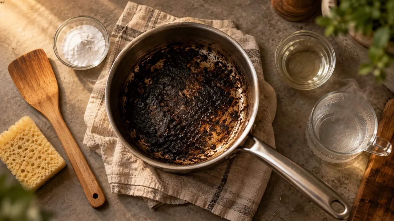 Comment nettoyer une casserole qui a brûlé : casserole inox noircie et accessoires