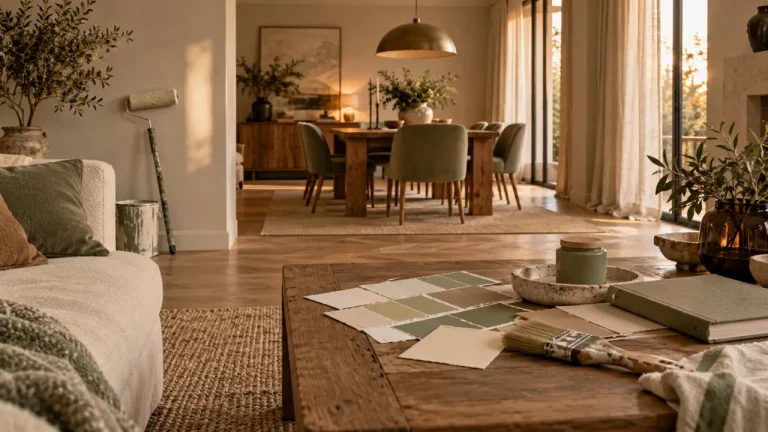 Quelle couleur pour salle à manger et salon ? 5 palettes pour relier les deux espaces Couleur pour salle à manger et salon : palette blanc cassé et beige, accent vert sauge